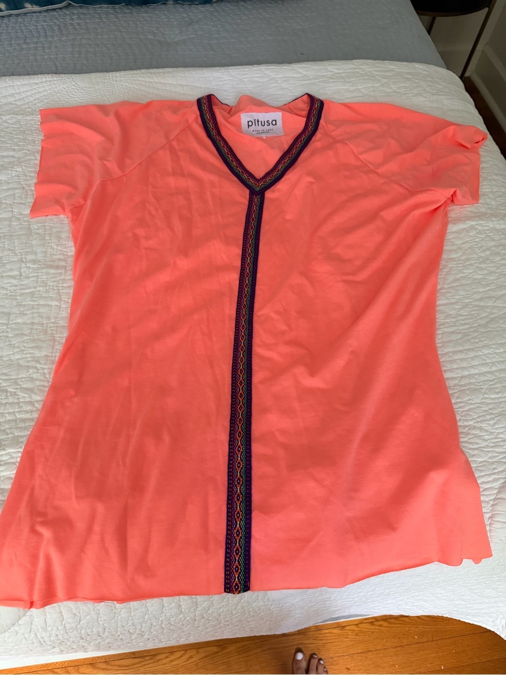 Pitusa Coral Pink Tunic with Navy Embroidered Trim